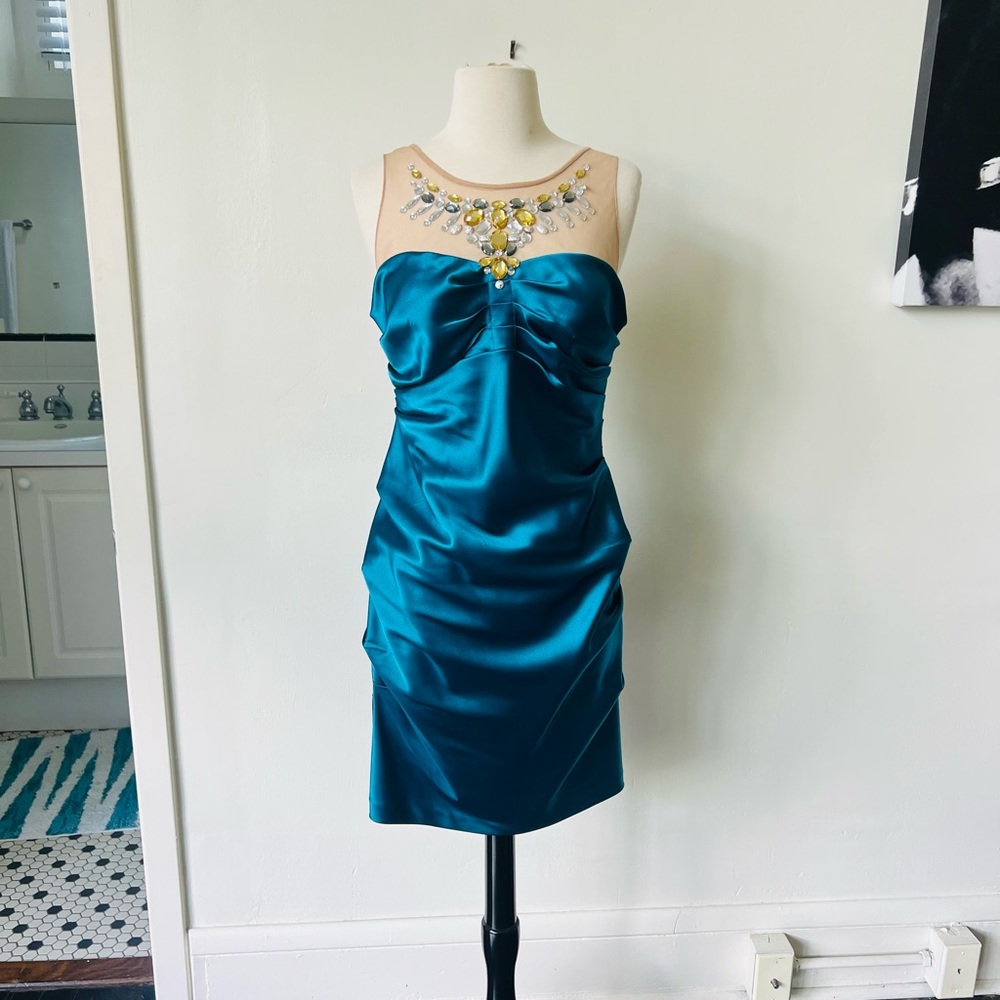 Adrianna Papell Turquoise Satin Beaded Mini Dress